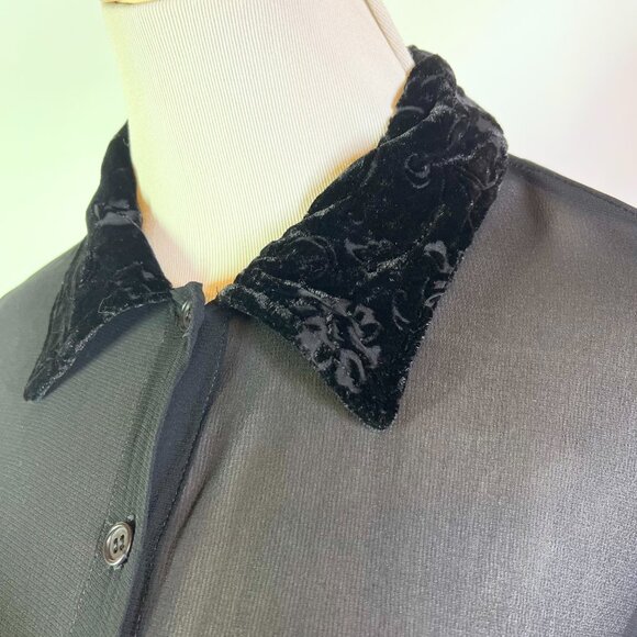 Vintage 1990s Johnny Was Size S Sheer Black Crepe Dress Velvet Trim - Picture 3 of 13